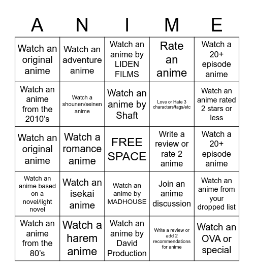 AP's Anime Bingo Challenge Fall 2020 Bingo Card