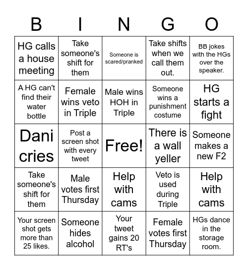 Big Brother Updater Bingo 3 Bingo Card