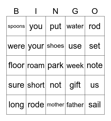 phonics Bingo Card