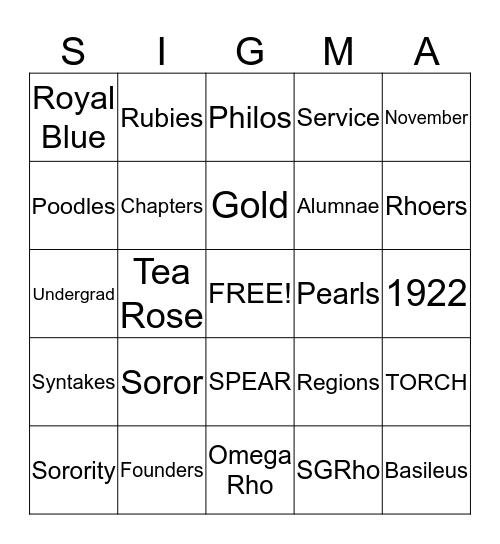 All Things Sigma! Bingo Card