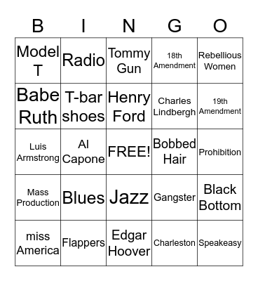 1920's Bingo Card