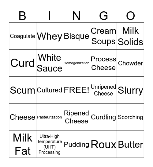 Dairy Products Bingo Card