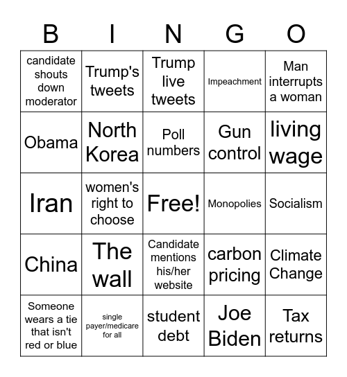 First Democratic Presidential Debate 2020 Bingo Card