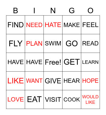 Infinitive verbs Bingo Card