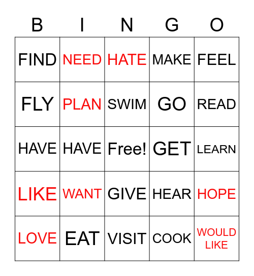 Infinitive verbs Bingo Card