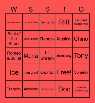 West Side Story Vocabulary Bingo Card