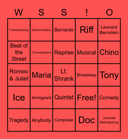 West Side Story Vocabulary Bingo Card