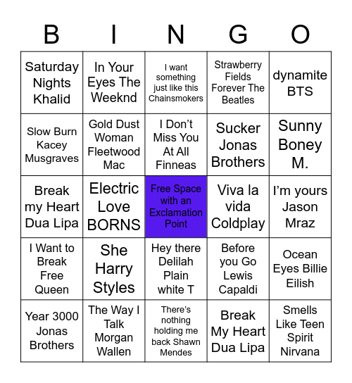 Singers Singo Monday Bingo Card