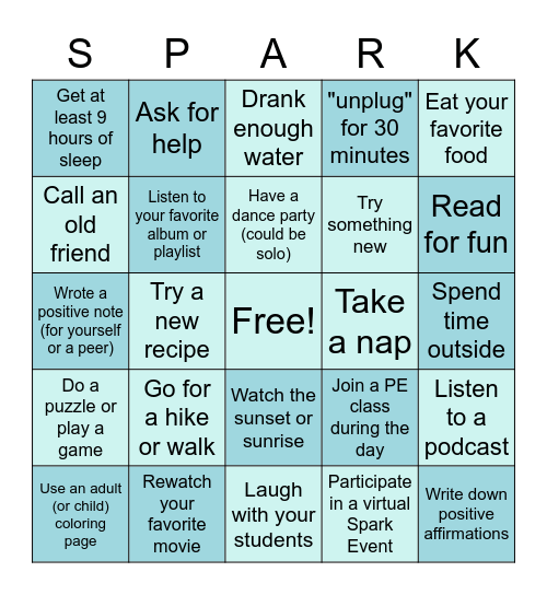 Spark Staff Self Care Bingo Card