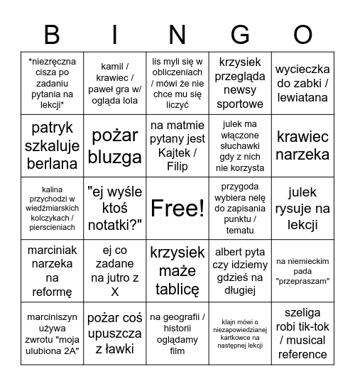 Bingo z 2A Bingo Card