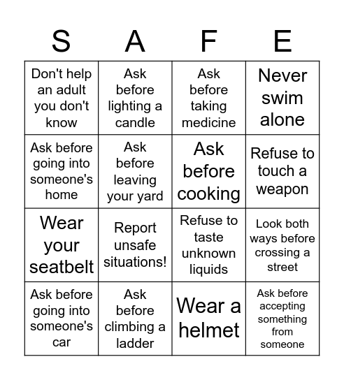Rules for Staying Safe Bingo Card