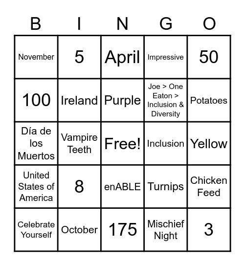 I&D Bingo 2020 Bingo Card