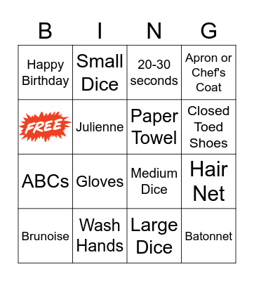Knife Skills, Safety and Sanitation Bingo Card
