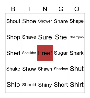 SH Initial Words Bingo Card