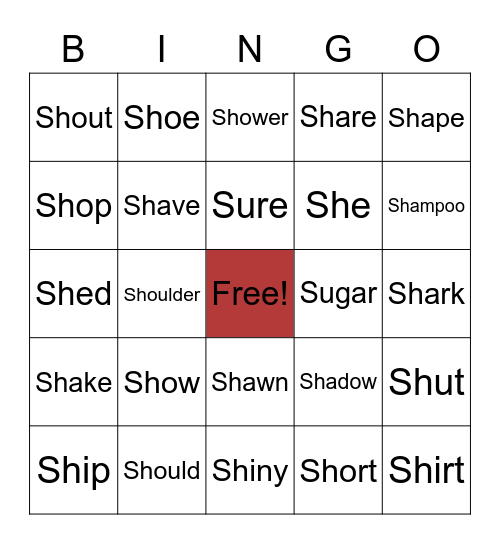 SH Initial Words Bingo Card