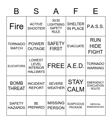 SAFETY & EMERGENCY PREPARDNESS Bingo Card