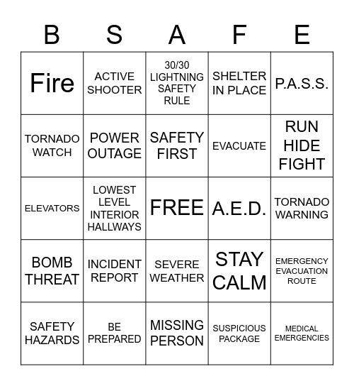 SAFETY & EMERGENCY PREPARDNESS Bingo Card