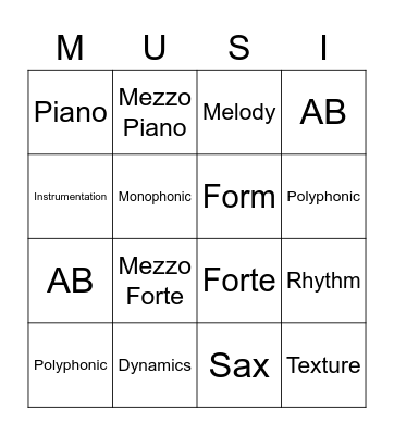 Musical Description Terms Bingo Card