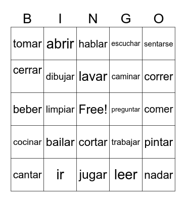 Spanish Verb BINGO Card
