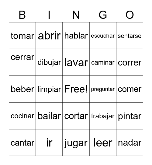 Spanish Verb BINGO Card