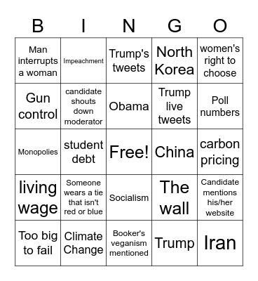 First Democratic Presidential Debate 2020 Bingo Card