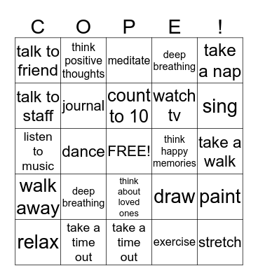 Coping Skills Bingo Card