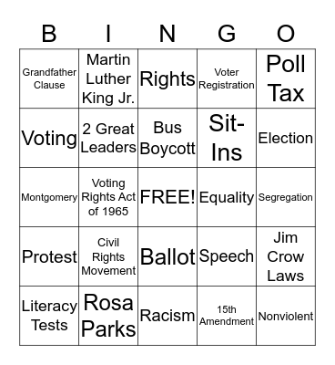 Voting and the Civil Rights Movement Bingo Card