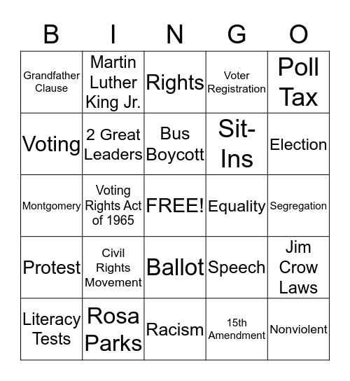 Voting and the Civil Rights Movement Bingo Card