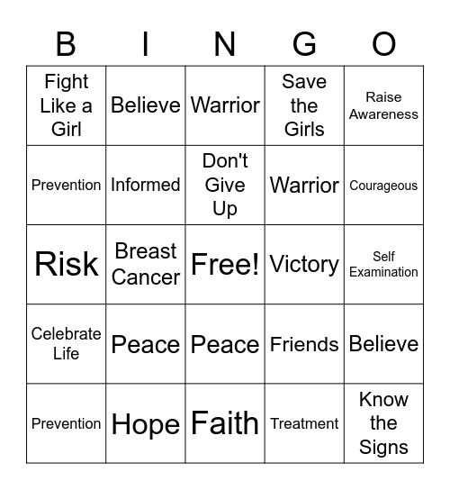 Breast Cancer Awareness Bingo Card