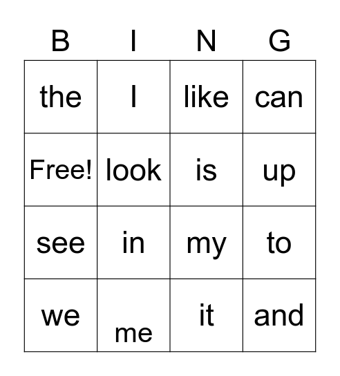 Sight word Bingo Card