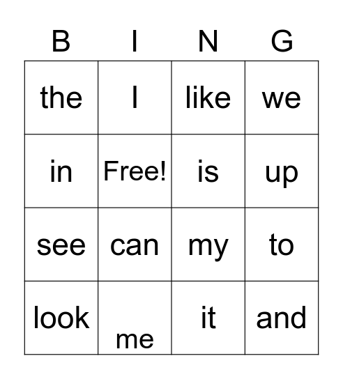 Sight word Bingo Card