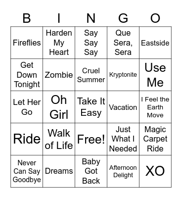 Hodgepodge Songs A to Z Bingo Card