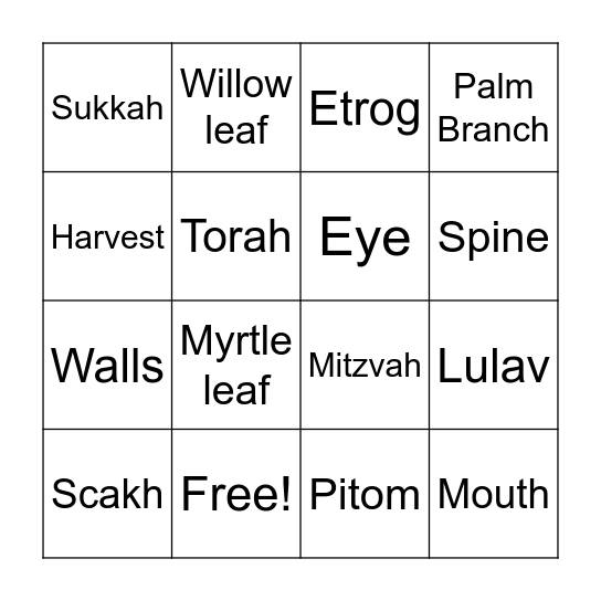 Sukkot Bingo Card