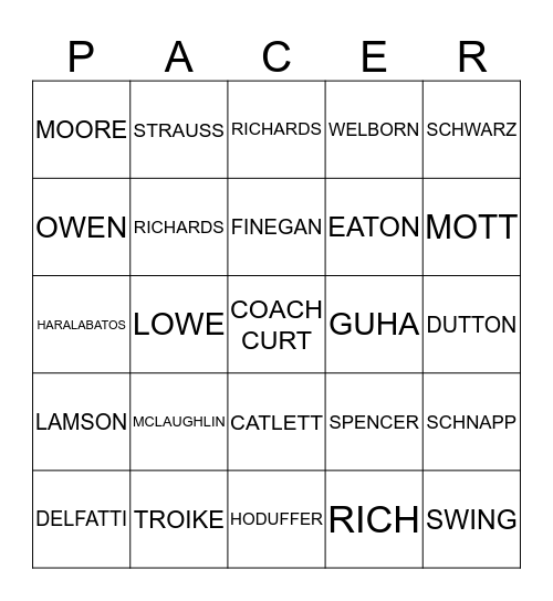 PACER FAMILY LAX Bingo Card