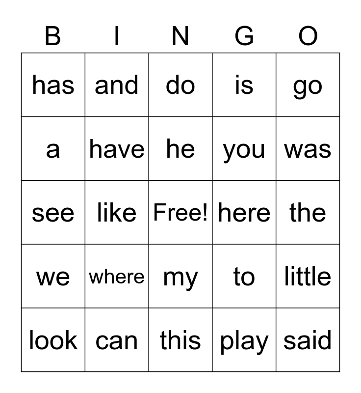 First High Frequency Words Bingo Card