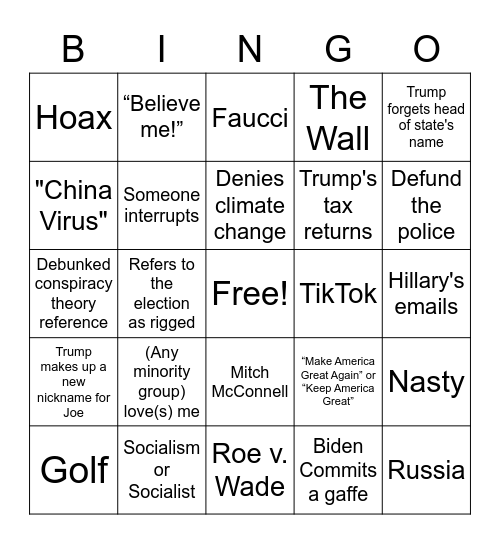 2020 Presidential Debate Bingo Card