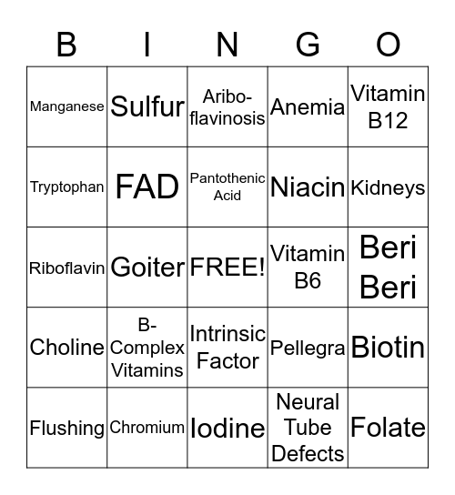 Energy Metabolism Nutrients Bingo Card