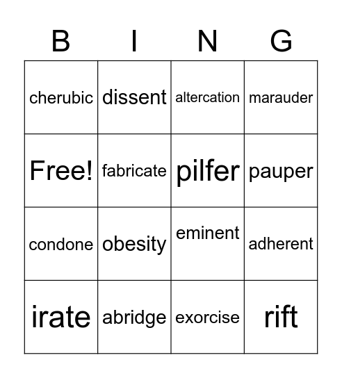 Vocabulary Unit 3 English 9 Bingo Card