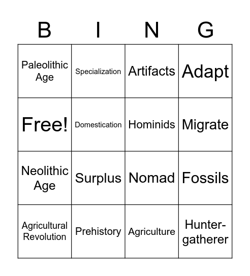 Early Humans Bingo Card