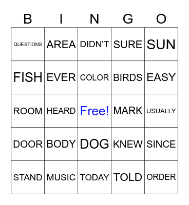 SIGHT WORD BINGO Card