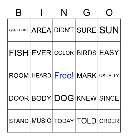 SIGHT WORD BINGO Card