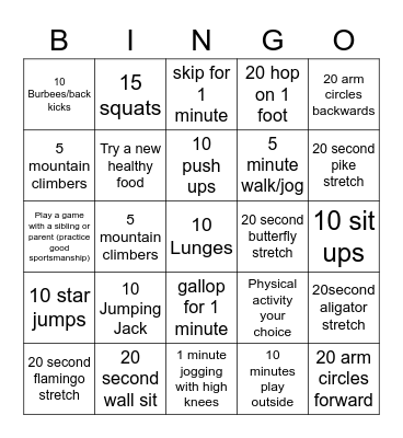 Physical Education Bingo Card