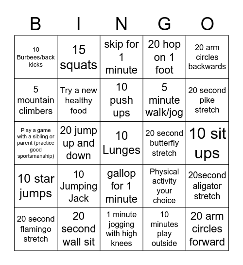 Physical Education Bingo Card