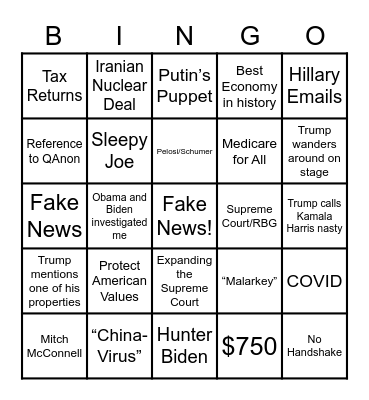 2020 Presidential Debate Bingo Card