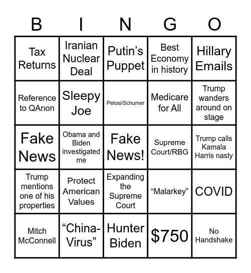 2020 Presidential Debate Bingo Card