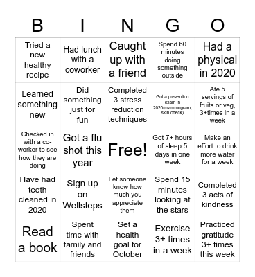 Wellness Bingo Card