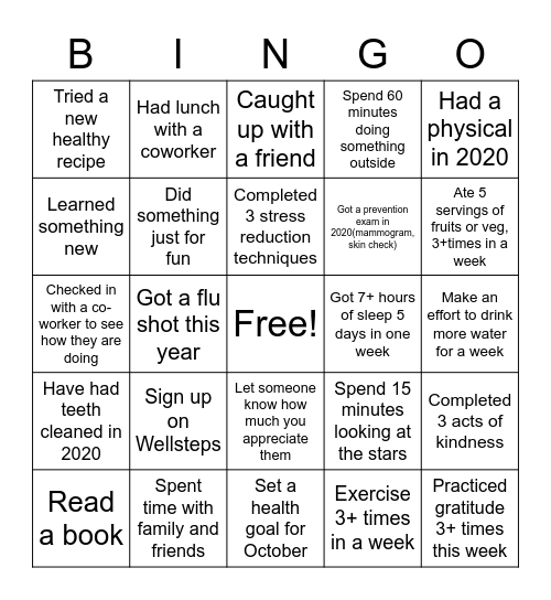 Wellness Bingo Card