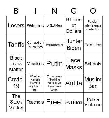 2020 Presidential Debate Bingo Card