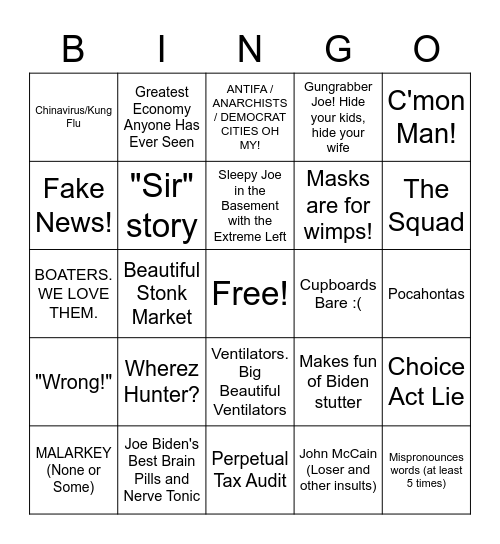First Debate Bingo Card