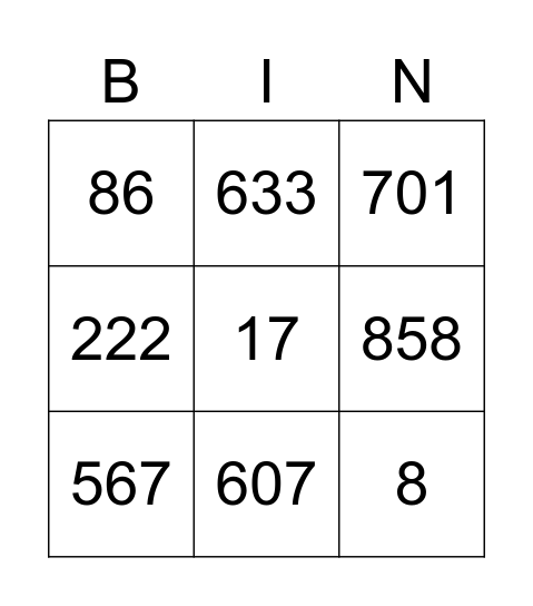 Place Value Bingo Card